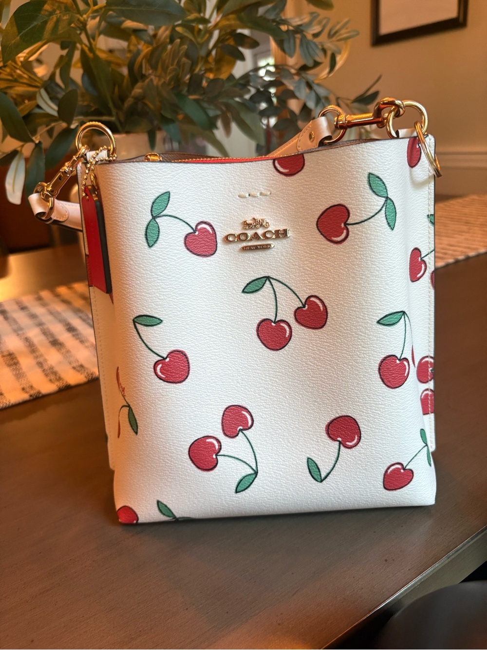 Coach White Cherry Print Bucket Bag with Gold Hardware